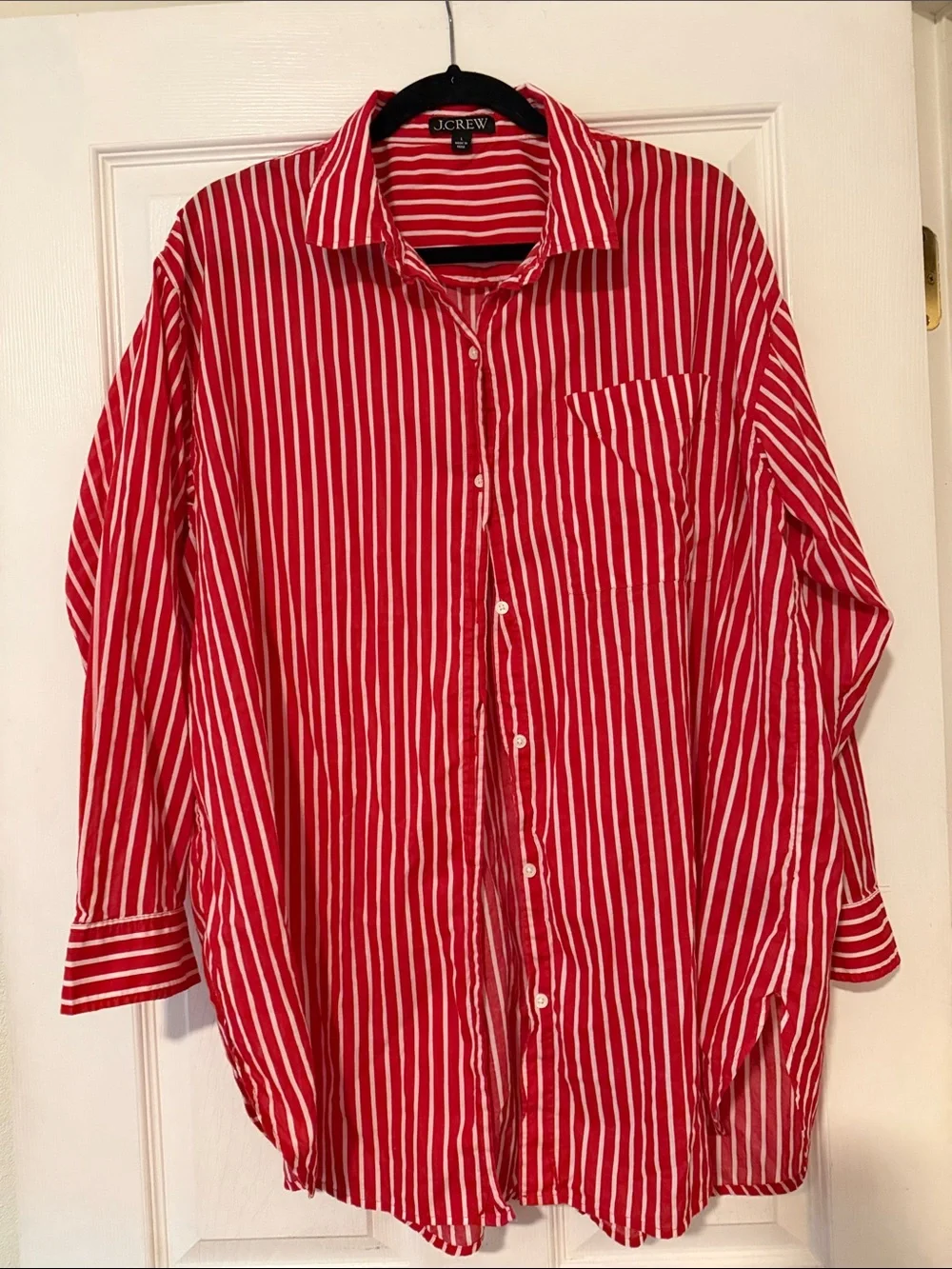 J. Crew Red and White Vertical Stripe Button-Down Shirt